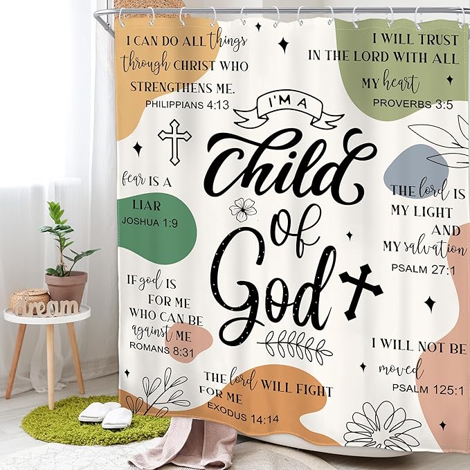 Homewelle Christian Bible Verse Shower Curtain Kids Teens Abstract Boho Mid Century Inspirational Quotes Minimalist Geometric Scripture 60Wx72H Inch Waterproof Polyester Fabric Bathroom Bathtub