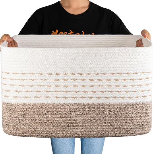 OIAHOM 75L Extra Large Blanket Basket, 22”x17”x15” Rectangle Woven Cotton Rope Baskets for for Living Room, Toy Storage with Handle- Gradient Light Brown