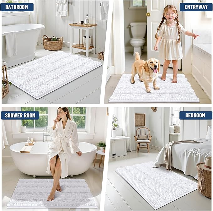 Grandaily Chenille Striped Bathroom Rugs 36x24, Extra Thick and Soft Absorbent Bath Mats, Rubber Backing, Plush Shaggy Shower Carpet, Machine Wash Dry, Bath Rug for Bathroom, Solid White