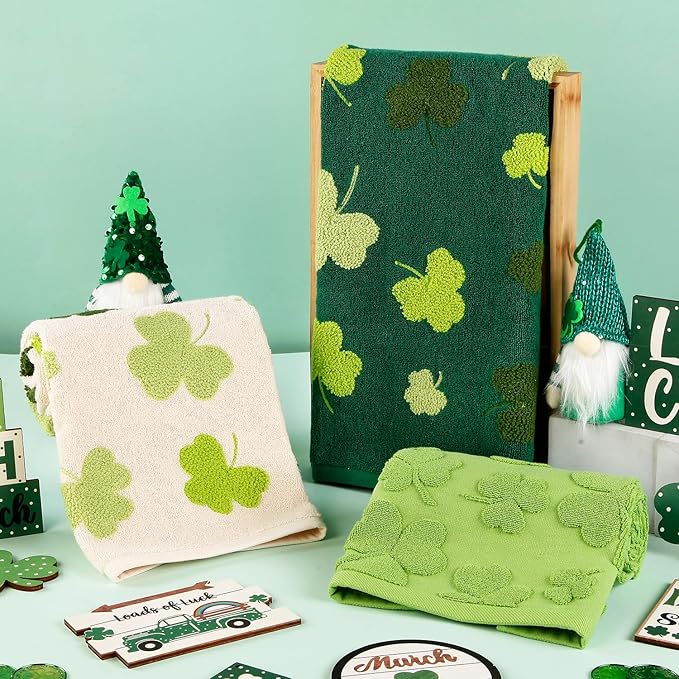 2 Pack St. Patrick's Day Hand Towels Green Clover Shamrocks 3D Embroidered 100% Cotton Soft Absorbent Bathroom Decorative Towels Set for Kitchen,Bathroom,Home,St. Patrick's Day Party,13.7'' x 29.5''