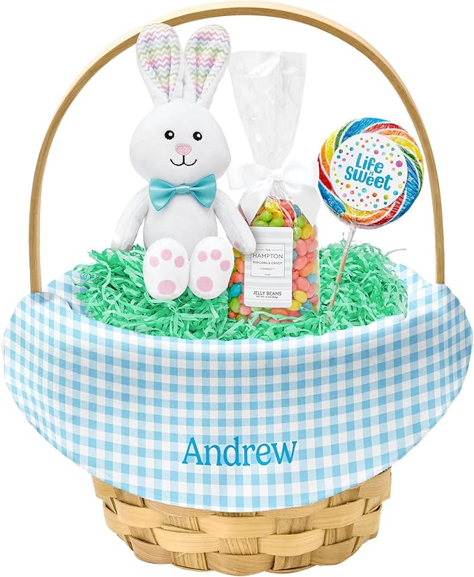 Let's Make Memories Personalized Easter Basket for Kids- For Boys - For Girls - Create Your Own - Fillable - Wicker - Easter Basket Stuffers - Large - Blue Spring Gingham