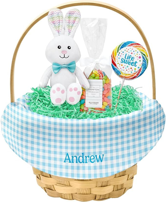 Let's Make Memories Personalized Easter Basket for Kids- For Boys - For Girls - Create Your Own - Fillable - Wicker - Easter Basket Stuffers - Large - Blue Spring Gingham