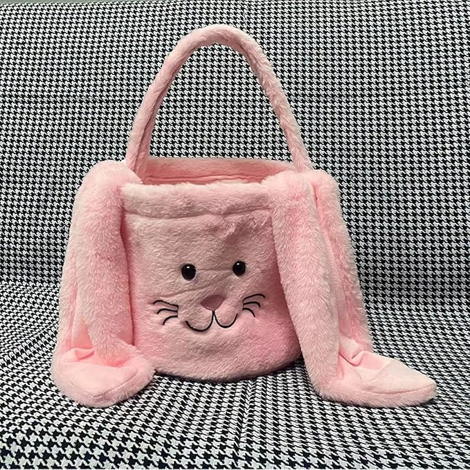 Plush Easter Bunny Basket Bags for Kids, Rabbit Bucket Tote with Long Fluffy Ears, Cute Egg Hunts Party Storage Candy Gifts Carry Bucket Decorations (Pink)
