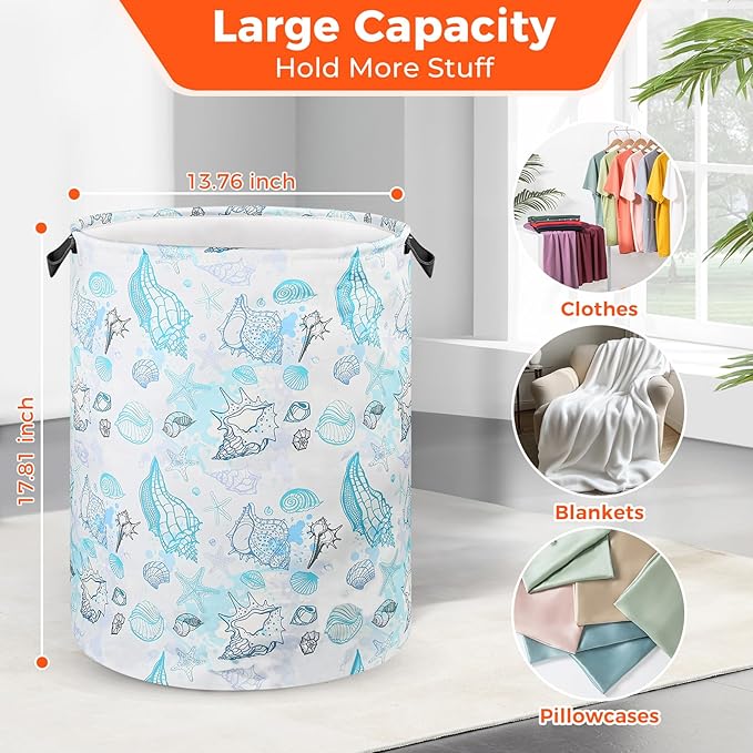 Beach Laundry Basket for Ocean Room Decor Coastal Sea Nursery Hamper Gift for Kids Boys Bin for Bathroom Bedroom Dorm, 17.71"x13.77"