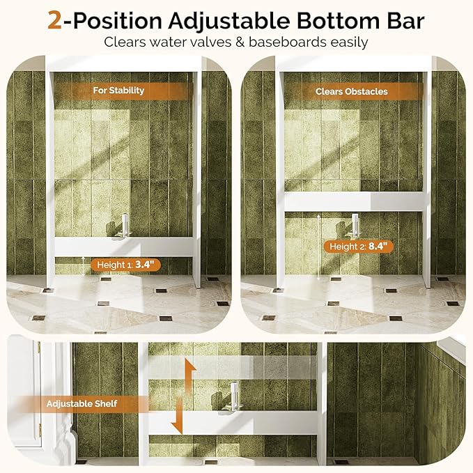 VINGLI Over The Toilet Storage Cabinet White, Modern Bathroom Organizer with Fluted Doors, Freestanding Wooden Space Saver Stand with Adjustable Bottom Bar for Laundry, Gold Handles