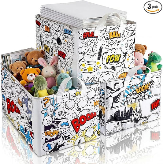 Maxdot 3 Pack Hero Comic Book Storage Themed Basket Large Gifts for Laundry Hamper Basket for Kids Room Nursery Collapsible Toy Clothes Storage Collection Bin(Hero,Rectangle)