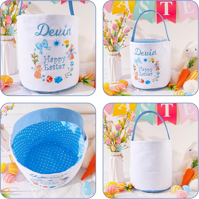 MT WORLD Toddler Easter Basket Personalized Easter Egg Bucket for Kids with Embroidered Name Blue Bunny Bucket Custom Candy Tote Bag for Baby Girls Candy Gifts Bucket
