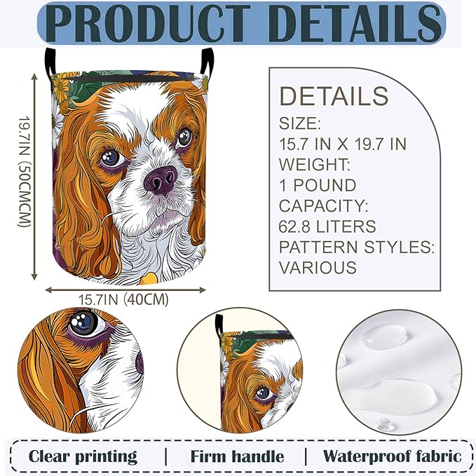 Cavalier King Charles Spaniel Laundry Basket Hamper 19.7"x15.8", Foldable Waterproof Oxford Clothes Storage Bucket for Room Bathroom Bedroom Nursery Decor, Toy Organizer Bins Gifts for Kids Boys Girls