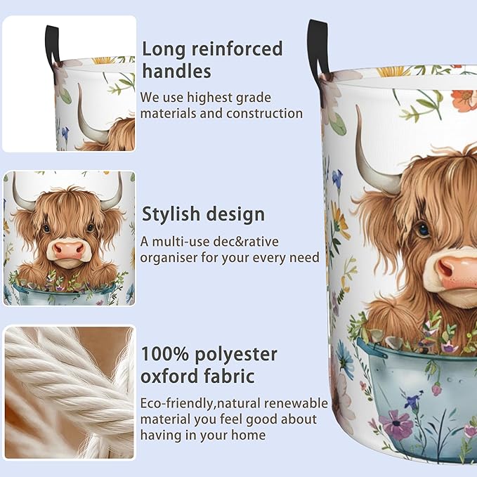 Laundry Basket, Dirty Clothes Basket, Foldable Waterproof Oxford Cloth Storage Basket for Bedroom, Bathroom, Clothes,Large Storage Basket Home Decoration(Cute Highland Cow Animal)