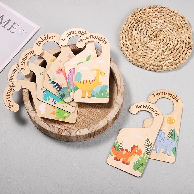 8pcs Baby Closet Dividers, Wooden Dinosaur Theme Baby Closet Size Dividers Baby Closet Organizer Baby Clothing Hanger Dividers from Newborn to Toddler for Baby Girls Boys