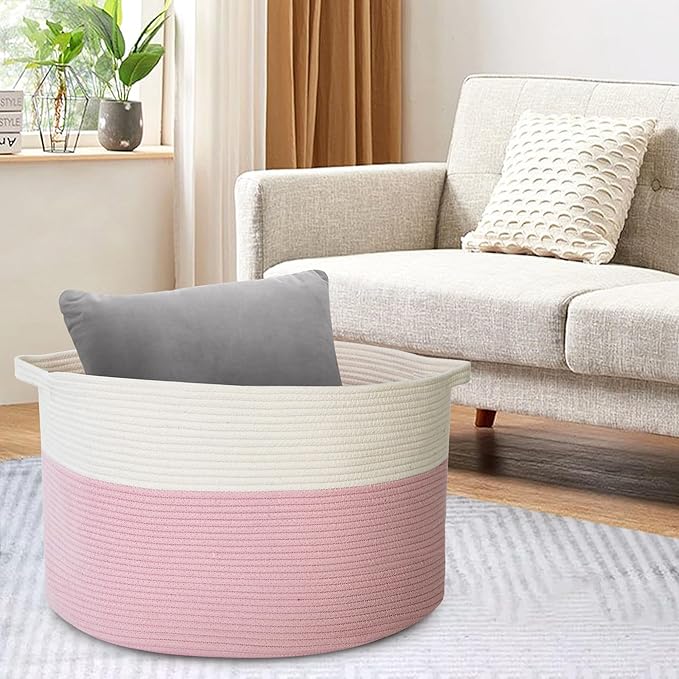 Pink Storage Baskets for Organizing, 22"X22"X14" XXXL Blanket Basket Living Room, Large Toy Basket, Soft Pink Cotton Rope Woven Baskets for Storage, Decorative Gifts Basket Bins for Nursery