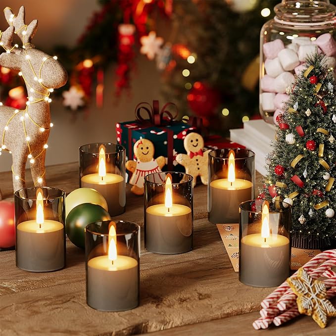 12Pack Flickering Flameless LED Candles with Timer, Battery Powered - Small Pillar & Votive, Grey (2"X3")