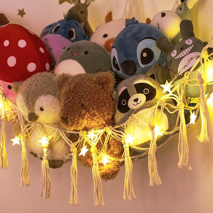 Stuffed Animal Toy Storage Hammock with LED Light-Macrame Jumbo Doll Room Corner Organizer Mesh Decoration-Hanging Storage Nets Kids Bedroom, (X-Large Size)