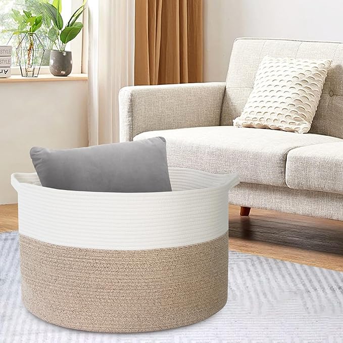 Large Rope Storage Basket, 22" X 22" X 14" Extra Large Woven Baskets for Storage, Cotton Rope Basket for Blankets Toys, Wicker Storage Baskets for Organizing, Wicker Laundry Basket Hamper