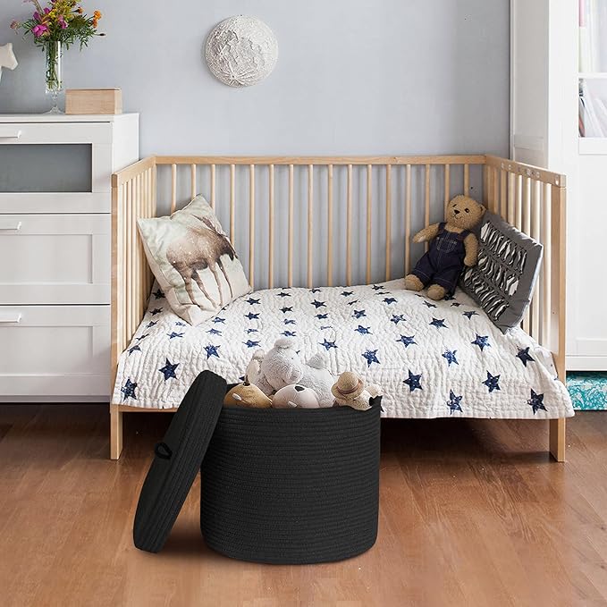 Large Basket with Lid, 18” x 14” Lidded Blanket Storage for Living Room, Black Woven Baskets for Storage, Nursery Kids Cotton Rope Toy Bin with Cover, Wicker Laundry Basket, Pillow Holder