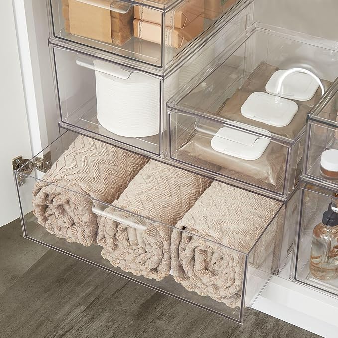 mDesign Plastic Stackable Bathroom Storage Organizer Bin Containers with Front Pull Drawer for Bathroom Countertop, Vanity, Closet Shelves - Holder for Beauty Accessories - Lumiere Collection - Clear