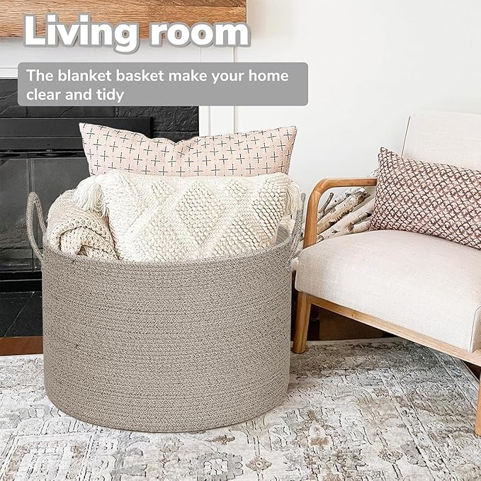 21" x 18" Extra Large storage baskets,Decorative blanket basket with lid for Living room,rope baskets with lid,wicker hamper for bedroom,Big,Round,Brow