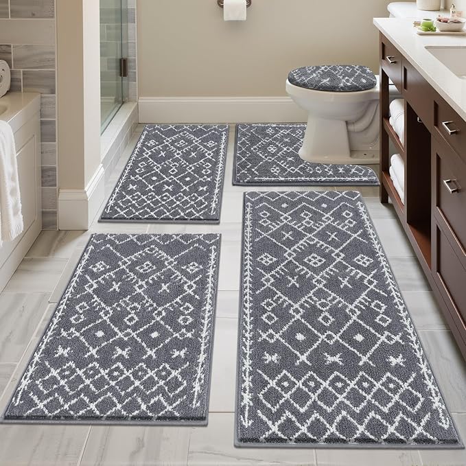 HEBE Bathroom Rugs Sets 5 Piece, Soft Absorbent Microfiber Bath Mat for Bathroom, Non Slip Washable Bath Rug Set with Toilet Cover, Bath Runner and U-Shaped Contour Toilet Rug, Dark Grey