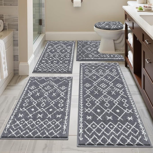 HEBE Bathroom Rugs Sets 5 Piece, Soft Absorbent Microfiber Bath Mat for Bathroom, Non Slip Washable Bath Rug Set with Toilet Cover, Bath Runner and U-Shaped Contour Toilet Rug, Dark Grey
