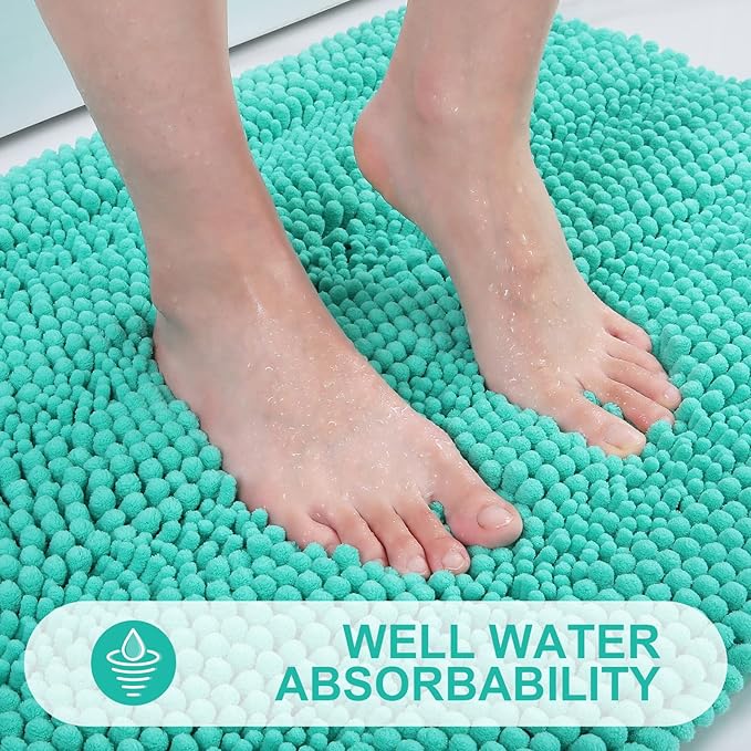 Grandaily Chenille Striped Bathroom Rugs 59x20, Extra Thick and Absorbent Bath Mats, Non-Slip Soft Plush Shaggy Shower Carpet, Machine Wash Dry, Bath Rug for Bathroom, Teal