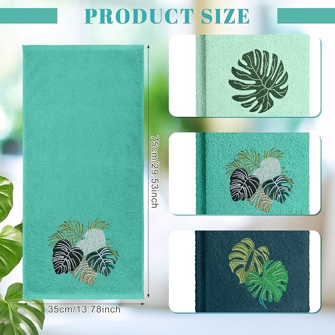 3 Pack Tropical Palm Leaves Hand Towels for Bathroom 100% Cotton Embroidered Bathroom Towels 13.78 x 29.53 Inch Beach Hand Towels Absorbent Soft Cotton Towel(Green,Monstera Leaves)
