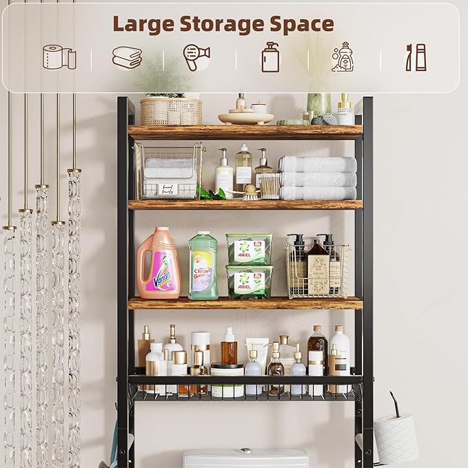 Over The Toilet Storage Rack, 4 Tier Bathroom Shelf Organizer Over Toilet with Adjustable Feet, Basket, Hooks, Paper Holder, Quick Interlock Install & Water-Resistant Shelves (Vintage Brown)