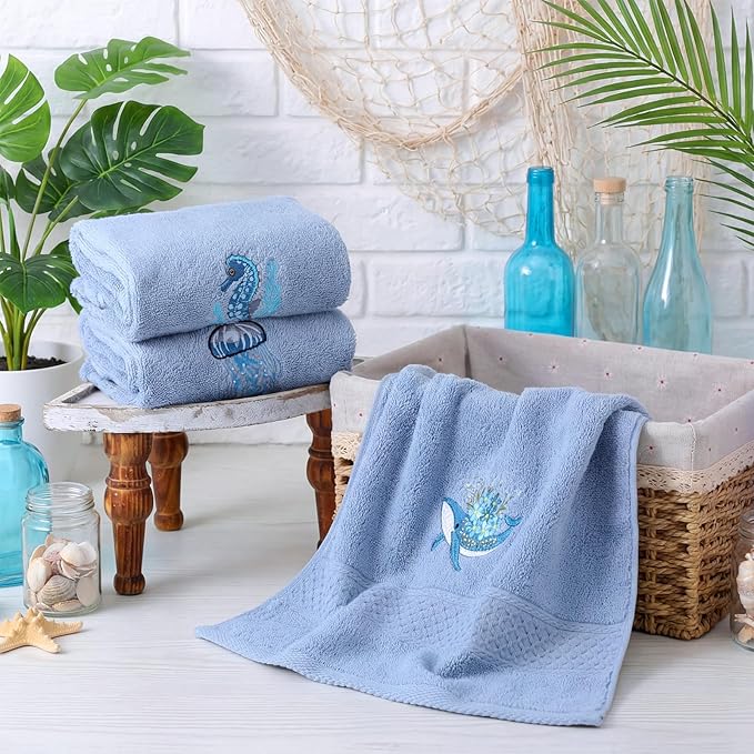 3 Pack Ocean Hand Towels for Bathroom 100% Cotton Embroidered Seahorse Jellyfish and Floral Whale Soft Absorbent Bathroom Towels Sea Coastal Hand Towel Gift for Summer Holiday, 13.78 x 29.53