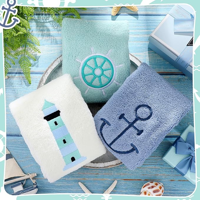 3 Pack Nautical Hand Towels for Bathroom 100% Cotton Embroidered Beach Bathroom Towels 13.78 x 29.53 Inch Soft Absorbent (White Green Blue, Lighthouse)