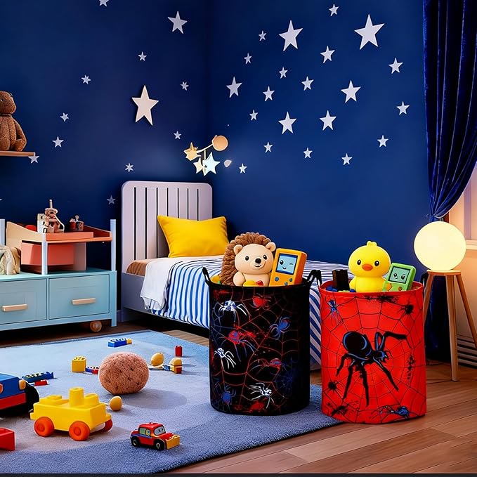 2 Pcs Spider Laundry Hamper Basket Spider Bedroom Decor Large 17.3 x 13.8 Inch Round Collapsible Toy Storage Organizer Basket with Waterproof Layer for Closet Playroom Nursery Toy Dirty Cloth