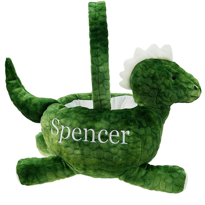 DearSun Exquisite Embroidery ! Personalized Easter Egg Hunting Basket 3D Plush Dinosaur Basket Candy Gift Bucket with Embroidery Name (Green Plush Dinosaur Basket)