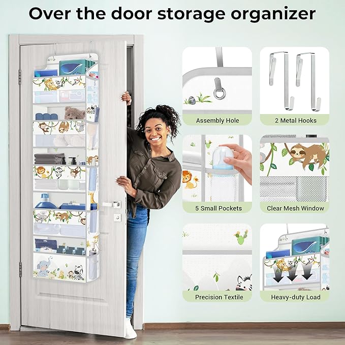 Clastyle Elephant Lion Kid Over The Door Organizer Storage Woodland Vine 5 Shelves Closet Nursery Hanging Shelves Clothes Diaper Stuffed Animal Toy Storage for Newborn Baby Essential