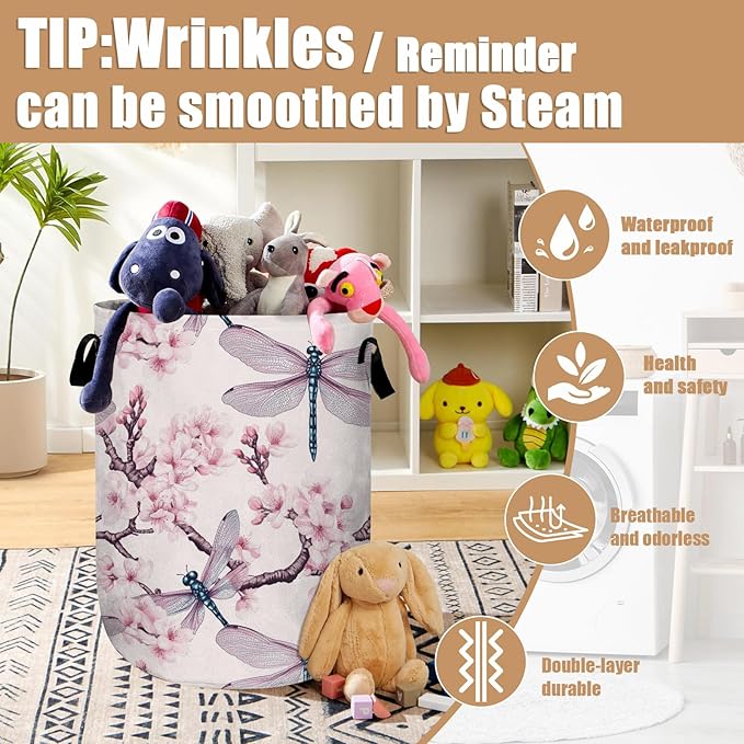Dragonfly Laundry Basket, Foldable Cherry Blossom Laundry Hamper Tote Bag Dirty Clothes Storage Bucket Toy Organizer for Bathroom/Laundry/Bedroom 15.7"x19.6"