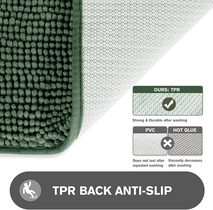 Hunter Green Bathroom Rugs – Absorbent and Washable Bath Mat, Non-Slip, Thick Soft Chenille Bath Rugs for Bathroom Floor, Shower, Sink - 26" x 44"