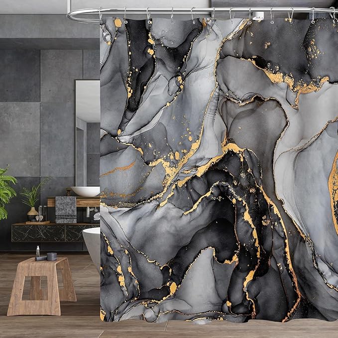 4 Pcs Black Marble Shower Curtain Sets with Rugs Gold Bathroom Sets with Shower Curtain and Rugs Modern Abstract Bathroom Decor Accessories Shower Curtains for Bathroom Toilet Lid Cover