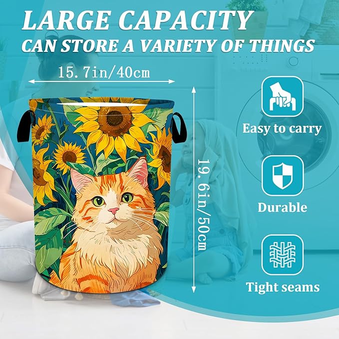 Cat Sunflower Laundry Basket, Foldable Waterproof Oxford Cloth Laundry Hamper Funny Tote Bag Dirty Clothes Storage Bucket Toy Organizer for Bathroom/Laundry/Bedroom 15.7"x19.6"