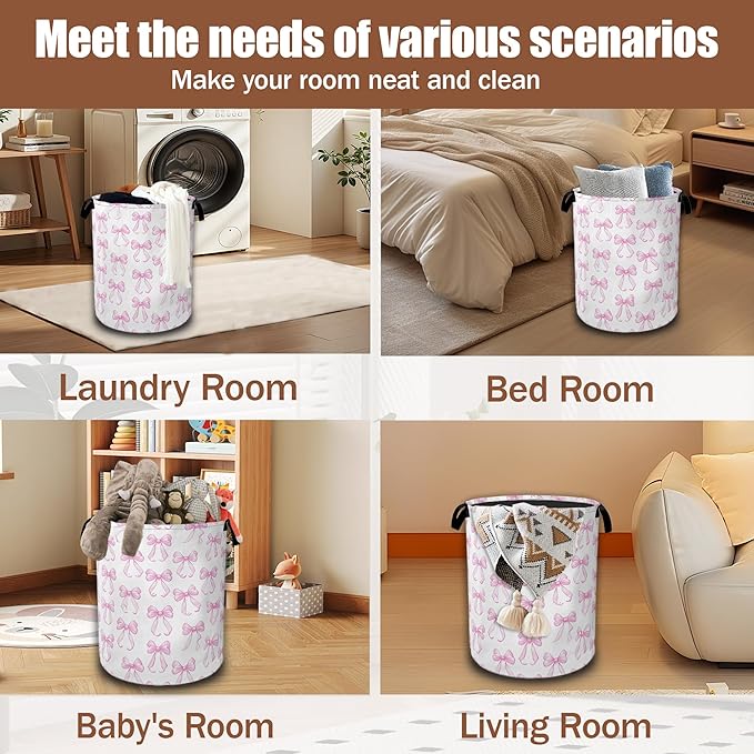 Pink Bow Laundry Hamper,Laundry Baskets,Waterproof Oxford Cloth Toy Storage for Bedroom,Bathroom,Nursery,16x20.8 Inch