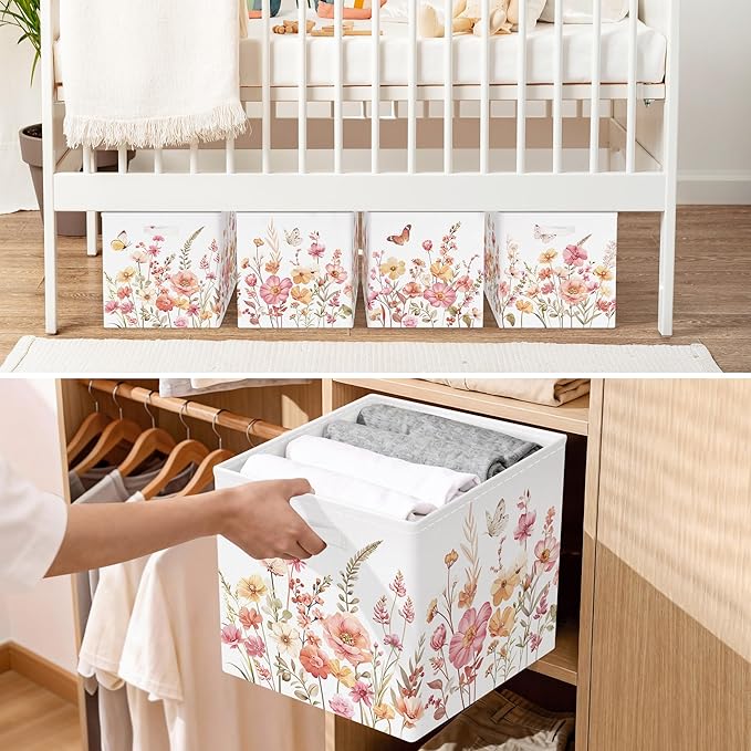 11.8" Wild Flower Storage Cube Organizer Set 3Pcs Clothes Storage Basket Bin for Closet Shelf Garden Butterfly Nursery Kid Room Book Toy Chest, Wildplants