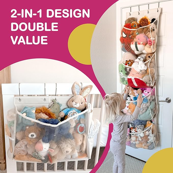 Stuffed Animal Storage | 2 in 1 Bedside and Over the Door Stuffed Animal Organizer | Space-saving Stuffy Holder with Extra Pockets | Kids Toys Hanging Plushie Holder with Reinforced Sides | Bed caddy