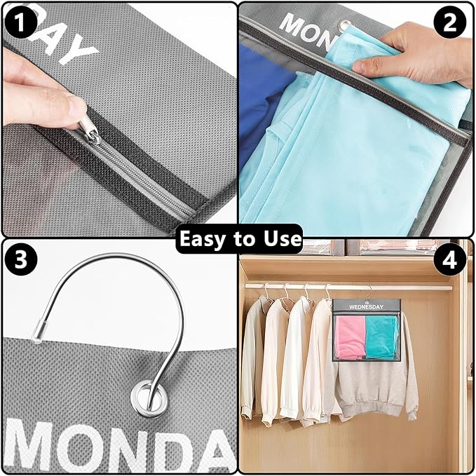 7 Pcs Weekly Travel Organizer Pouches Day of Week Clothing Packing Cubes Monday to Sunday School Clothes Organizer for Kids (Grey)