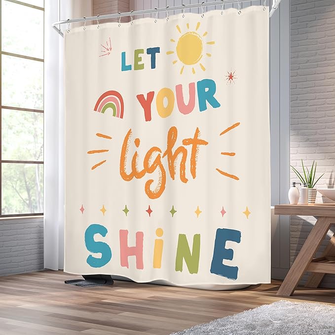 Homewelle Kids Quotes Shower Curtain Inspirational Colorful Cartoon Classical English Letter Let You Light Shine Lovely Sun Classic 72Wx72H Inch for Child Waterproof Polyester Fabric Bathroom Bathtub