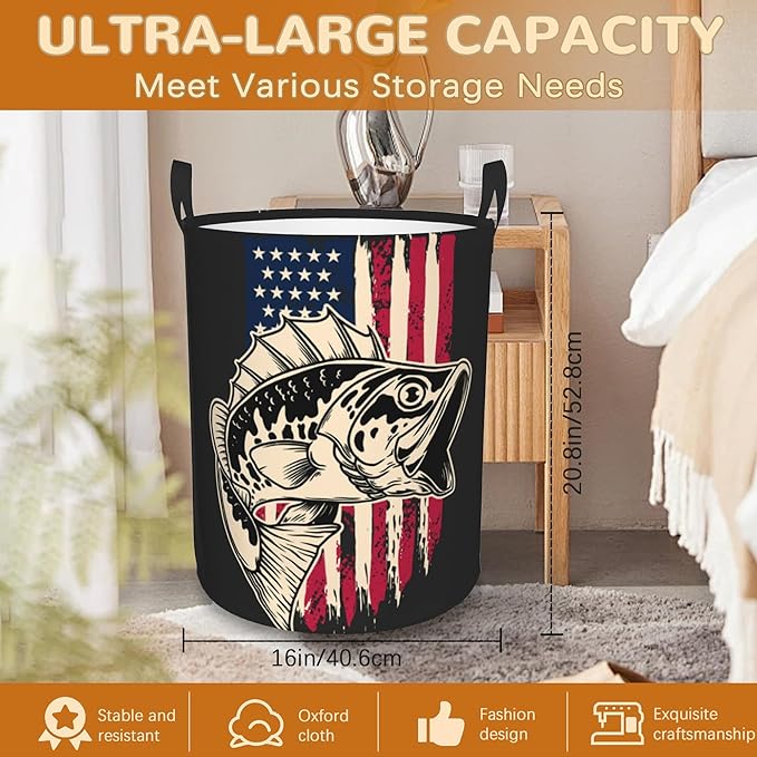 Laundry Basket,American Flag Bass Fish Laundry Hamper Bass Fishing Collapsible Organizer Basket,Toy Storage Bin Room Decor Gift Clothes Baskets,Bedroom Children Nursery Hamper 16x20 Inch