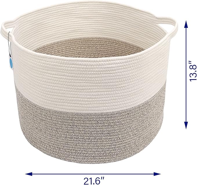 Casaphoria XXL Cotton Rope Basket - 21.7" x 21.7" x 13.8" Woven Laundry Hamper with Handle