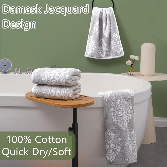 Hand Towels for Bathroom, 16" x 27" - Cotton | Quick Dry | Lightweight | Soft | Absorb, Grey Bathroom Hand Towels Set of 4, Decorative Hand Towel, Damask Towel Gift Set - Gray and White Patterned