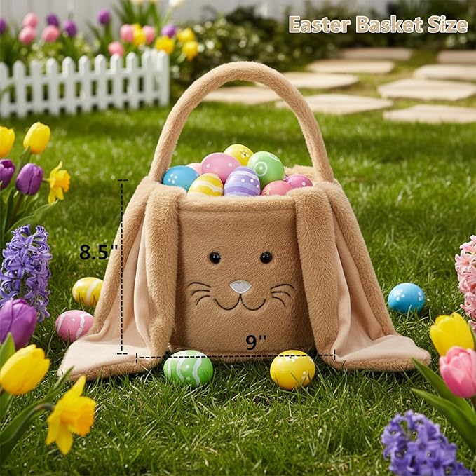 Plush Easter Bunny Basket, Easter Egg Hunt Basket with Soft Long Ears,Bunny Bucket Tote for Candy Easter Party Favors (Plush-Brown)
