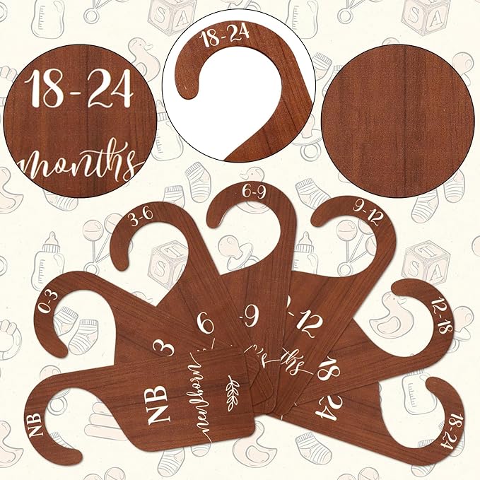 Whaline 7Pcs Wooden Baby Closet Size Dividers with Pink Velvet Bag Newborn to 24 Month Thicken Infant Wardrobe Organizers Home Nursery Hanger Decor for Baby Shower Party Gift Supplies