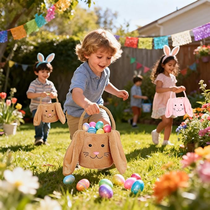 Easter Bunny Basket for Kids, Fluffy Easter Egg Hunt Bag Soft Fabric, Cute Rabbit Tote Bags with Long Plush Ear Easter Tote Bags for Candy Gifts Storage (Brown)