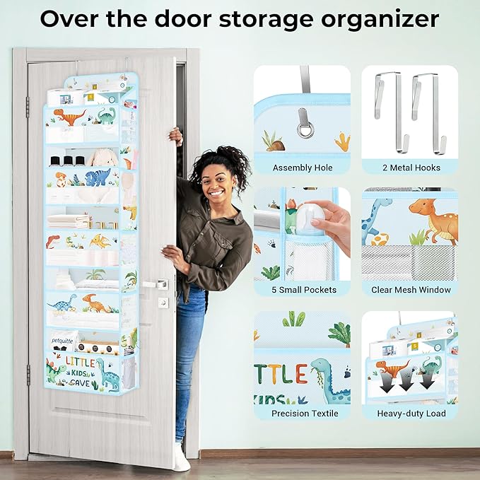 Clastyle Dinosaur Over the Door Organizer Tree Nursery Hanging Storage Organizer for Kids Clothes Diaper Toy Closet Door Hanging Shelf Storage for Bedroom Bathroom Pantry, Blue, 5-Tier