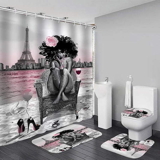 4Pcs Black Girls Bathroom Sets with Shower Curtain and Rugs, African Shower Curtain Set for Women, Eiffel Tower Pink Pattern Waterproof Fabric with 12 PCS Hooks, Cortina de baño Set completo