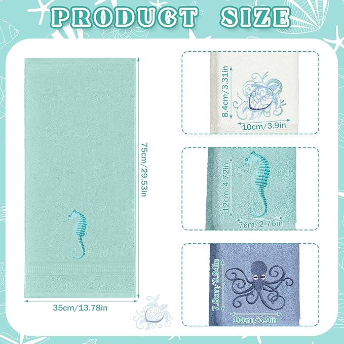 3 Pack Coastal Hand Towels for Bathroom 100% Cotton Embroidered Bathroom Towels 13.78 x 29.53 Inch Beach Hand Towels Soft Absorbent Cotton Towel (White, Blue Gray, Teal Aqua,Sea)