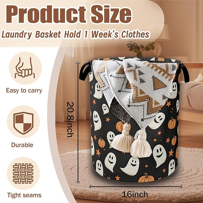 Laundry Hamper,Halloween Pumpkins Ghosts Collapsible Laundry Baskets Waterproof Oxford Cloth With Handles,Clothes Storage Bucket Toy Organizer For Bathroom/Nursery/Bedroom 16" x 20.8"